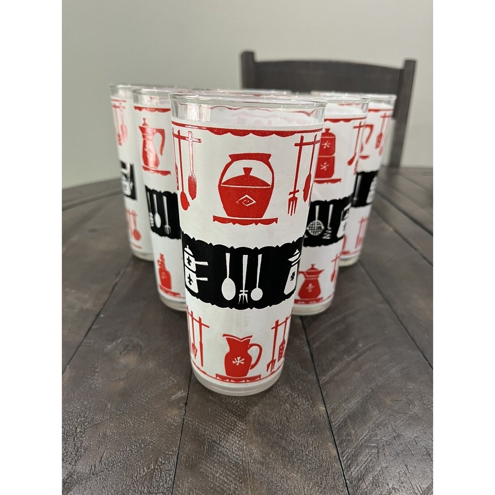 Vintage Red Black Americana‎ Old Time Set Of 6 Highball Tumblers Kitchen